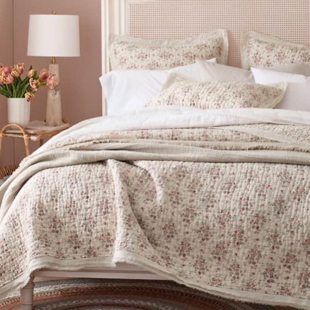 Garnet Hill Willa Floral European Embellished Linen king Sham and Twin Quilt